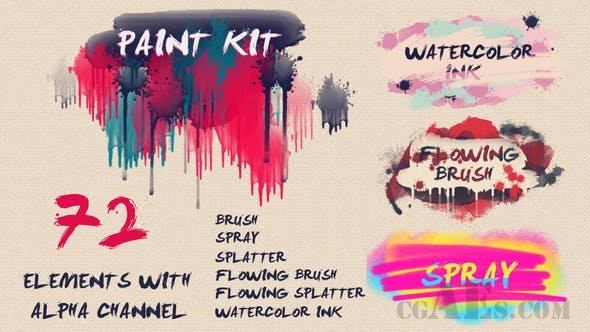 涂料工具包-VIDEOHIVE – PAINT KIT: WATERCOLOR INK, BRUSH, SPLATTER, SPRAY 22450994