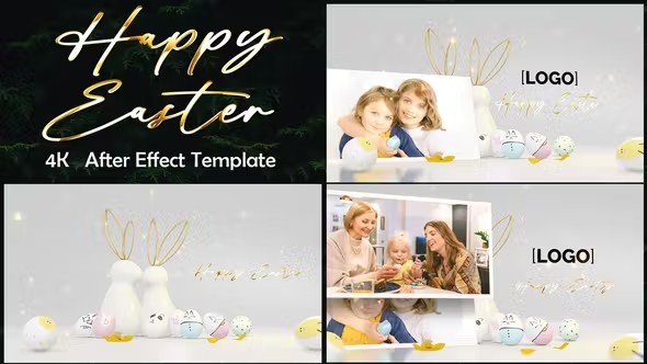 家庭快乐时光片头模版Happy Easter with golden theme photo bunny